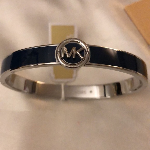Michael Kors Silver Tone Stainless Steel Navy Blue Enamel Bangle MK Logo NWT Box - Picture 3 of 15